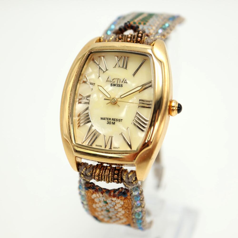 Activa Swiss Gold Tone Womens 33mm MOP Watch Custom Fabric Strap w New Battery